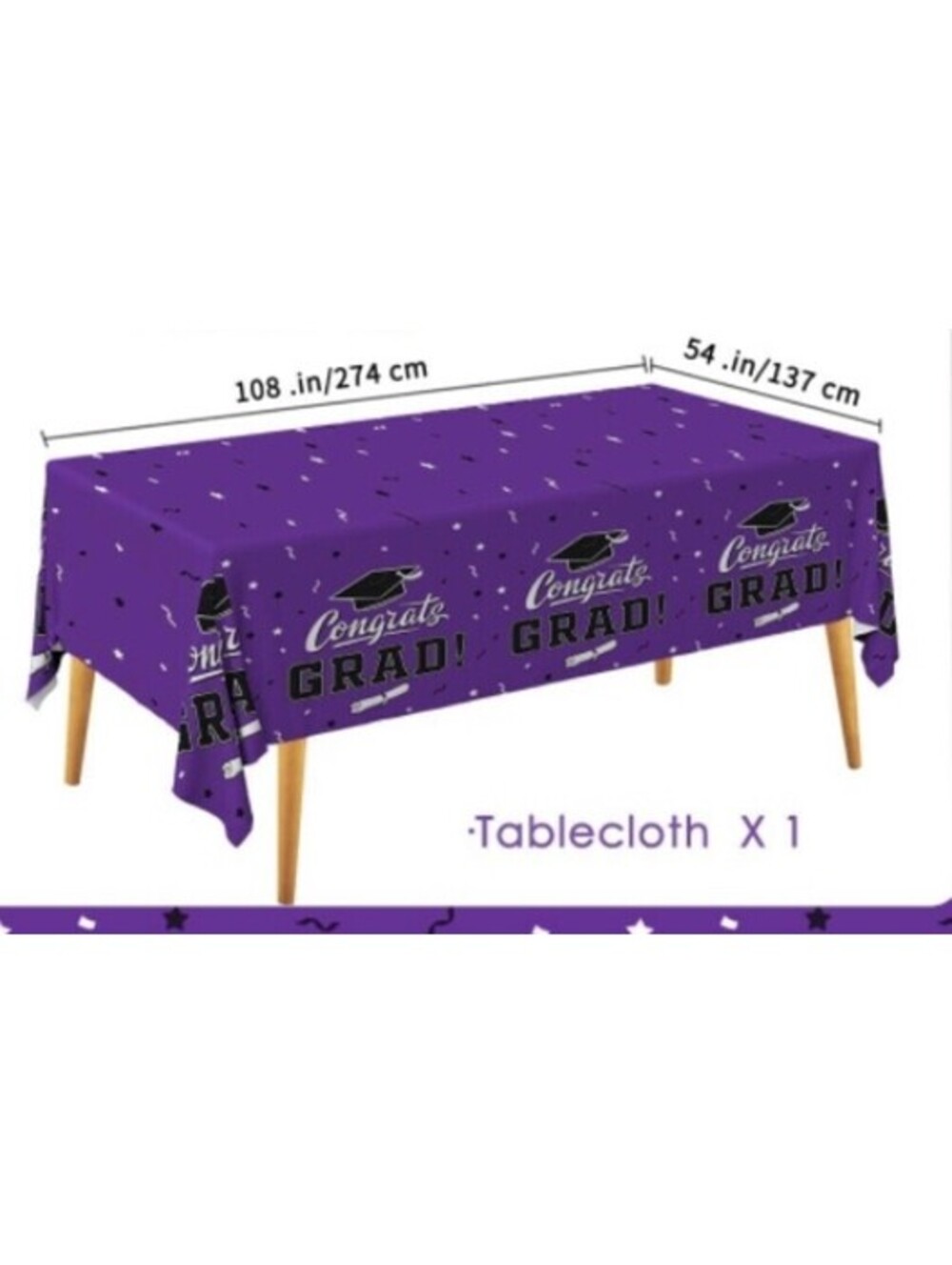 Purple Congrats Grad Banner & Rectangular Table Cloth Graduation Party Decor - Picture 2 of 7
